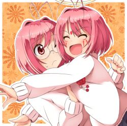  2girls antenna_hair apollo_(kaminomi) bad_id bad_pixiv_id blush bob_cut dual_persona facial_mark forehead_mark glasses halo happy hug kami_nomi_zo_shiru_sekai multiple_girls nakagawa_kanon pink_eyes pink_hair short_hair soto_miyako sweater 