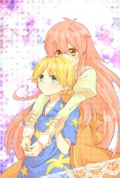  1boy bad_id bad_pixiv_id blonde_hair female holding_another&#039;s_arm hug hug_from_behind jinrui_wa_suitai_shimashita joshu-san long_hair pink_hair smile very_long_hair watashi_(jintai) yamabukiiro 