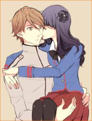  1boy amanogawa_high_school_uniform bad_id bad_pixiv_id black_hair bow brown_eyes brown_hair carrying closed_eyes couple female flower hair_flower hair_ornament kamen_rider kamen_rider_fourze_(series) kissing kissing_cheek long_hair long_sleeves nozama_tomoko pantyhose photoshop_(medium) sakuta_ryuusei school_uniform short_hair skirt straight sxi69 