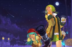  2girls animal blue_hair braids drink gloves green_hair long_hair mabinogi moon night ponytail purple_eyes short_hair snow stars 