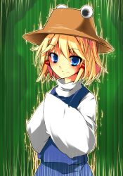  blonde_hair blue_eyes commentary_request female hands_in_opposite_sleeves harry_(namayake) hat highres moriya_suwako photoshop_(medium) sidelocks skirt skirt_set smile solo touhou 