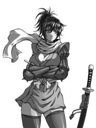  bad_link breasts cleavage crossed_arms drawfag elbow_pads female fingerless_gloves gloves greyscale highres japanese_clothes kimono large_breasts manyuu_chifusa manyuu_hikenchou monochrome ninja photoshop_(medium) ponytail scabbard scarf sheath sheathed solo sword thighhighs vambraces weapon yukata 