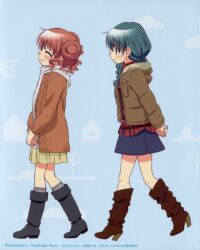  2girls ^_^ absurdres blue_background blush boots braid closed_eyes coat double_bun green_eyes green_hair hair_bun hidamari_sketch highres hiro_(hidamari_sketch) itou_yoshiaki multiple_girls natsume_(hidamari_sketch) official_art pink_hair scan scarf shoes skirt smile socks 