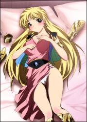  bed blonde_hair blush breasts dragon_quest dragon_quest_dai_no_daibouken earrings highres jewelry long_hair lying lying_down panties pillow princess_leona solo underwear yadokari_genpachirou 