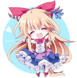  bad_id bad_pixiv_id blonde_hair blush bow character_name closed_eyes commentary_request female hairbow heart horns ibuki_suika long_hair oerba_yun_fang open_mouth sleeveless solo touhou very_long_hair wrist_cuffs yukimiya_(parupunta) 