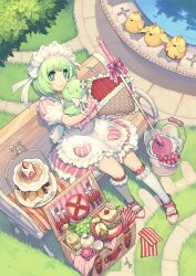  1000marie aqua_eyes bench bird bottle bow bucket commentary_request dress female food fork fruit grass green_hair heart holding knife maid maid_headdress mop original pillow plate sandwich sitting solo spoon strawberry striped vertical_stripes wrist_cuffs 