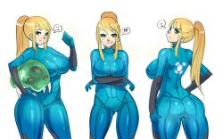  ass blonde_hair blue_eyes chubby female huge_ass maniacpaint metroid metroid_(creature) plump samus_aran smile thighs tongue zero_suit 