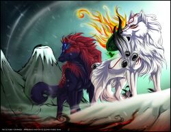  amaterasu_(okami) blue_body blue_fur canid canine canis capcom clover_studio deity female fur grypwolf hair issun_(okami) male mammal mask mountain multicolored_hair okami_(capcom) oki romantic romantic_ambiance romantic_couple snow weapon white_body white_fur wolf 