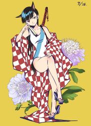  agahari animal_ears black_hair checkered commentary_request dated dipsacaceae dog_ears dog_girl extra_ears female floral_background flower full_body geta hand_fan heterochromia japanese_clothes katana kimono long_hair red_eyes sakamoto_mio sandals simple_background sitting strike_witches swimsuit sword weapon world_witches_series yellow_background yellow_eyes 