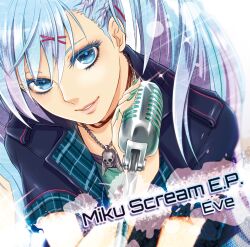  album_cover aqua_eyes aqua_hair close-up closed_mouth commentary_request cover female hair_ornament hairclip hatsune_miku jewelry lips long_hair looking_at_viewer microphone momopanda nail_polish necklace photoshop_(medium) skull smile solo twintails vintage_microphone vocaloid 