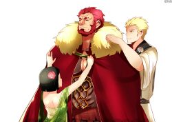  2boys ancient_greek_clothes armor bad_id bad_pixiv_id beard black_hair blonde_hair bob_cut facial_hair fate/zero fate_(series) female flower genderswap_(mtf) greco-roman_clothes hair_flower hair_ornament ionioi_hetairoi_(fate) iskandar_(fate) jeran_(ggokd) multiple_boys photoshop_(medium) red_eyes red_hair robe rule_63 short_hair waver_velvet 