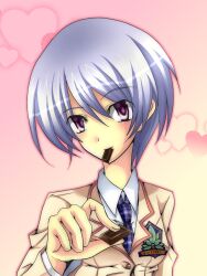  blue_hair chaos;head chocolate commentary_request female heart heart_background kishimoto_ayase looking_at_viewer necktie nishijou_myu purple_eyes school_uniform short_hair solo 