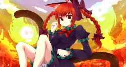  animal_ears bad_id bad_pixiv_id braid female kaenbyou_rin kuromari_(runia) long_hair red_eyes red_hair solo tail touhou twin_braids 