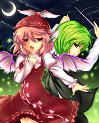  2girls :o animal_ears antennae bird_ears bird_wings black_cape brown_dress brown_headwear brown_wings cape claws closed_mouth collared_shirt commentary_request conductor crescent_moon dress earrings fingernails fireflies frilled_dress frilled_sleeves frills green_eyes green_hair green_nails hair_between_eyes hand_on_own_chest hat jewelry kuro_(baseball0000) long_fingernails long_sleeves looking_back moon multiple_girls music mystia_lorelei nail_polish night night_sky open_mouth outdoors pink_hair red_dress red_eyes sharp_fingernails shirt short_hair singing sky sleeve_garter touhou white_shirt winged_hat wings wriggle_nightbug 