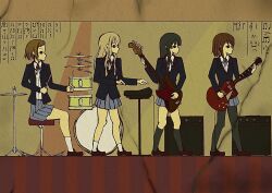  4girls accent_mark akiyama_mio amplifier ashiyu_(ashmouautz) bass_clef bass_drum bass_guitar beamed_eighth_notes beamed_sixteenth_notes black_hair black_pantyhose black_socks blazer blonde_hair brown_hair cymbals dotted_quarter_note drum drum_set drumsticks egyptian egyptian_art eighth_note electric_guitar fermata fine_art_parody flat_sign ghost_note guitar hairband half_note half_rest hieroglyphics hirasawa_yui instrument jacket k-on! keyboard_(instrument) kotobuki_tsumugi multiple_girls music musical_note pantyhose parody quarter_note quarter_rest sakuragaoka_high_school_uniform school_uniform sharp_sign shoes simile_mark sixteenth_rest socks staccato tainaka_ritsu treble_clef white_legwear whole_rest 