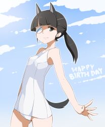  animal_ears bad_id bad_pixiv_id black_eyes black_hair cloud day dog_ears dog_girl dog_tail extra_ears eyepatch female happy_birthday highres one-piece_swimsuit ponytail sakamoto_mio school_swimsuit shokuen_shiwe sky solo strike_witches swimsuit tail white_one-piece_swimsuit world_witches_series 