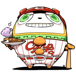  alternate_color bad_id baseball_bat baseball_uniform curry food hiroshima_touyou_carp hounori kuma_(persona_4) lowres nippon_professional_baseball no_humans persona persona_4 simple_background sportswear white_background 