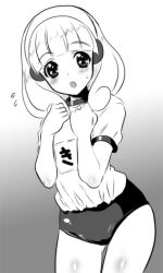  bad_id blush buruma female greyscale gym_uniform hairband kyogoku_shin long_hair monochrome open_mouth precure smile_precure solo sweatdrop yayoi_kise 