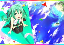  aqua_eyes aqua_hair bad_id bad_pixiv_id bare_shoulders bird black_thighhighs feathers female from_above hatsune_miku long_hair looking_at_viewer looking_up necktie ocean paper_airplane seagull sitting skirt solo thighhighs twintails very_long_hair vocaloid wariza water zucchini 