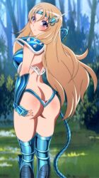  aquila_yuna armor ass back backboob bad_anatomy bikini_armor blonde_hair blue_eyes blush breasts chameleon_june cosplay embarrassed female forest grass highres large_breasts legs long_hair looking_back nature saint_seiya saint_seiya_omega solo standing thighs tree trees whip yadokari_genpachirou 