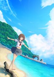  balancing barefoot beach brown_hair cloud dutch_angle female highres hill log midriff navel ocean original outstretched_arms pier school_uniform serafuku shadow short_hair sky smile solo spread_arms stairs summer yumemizuki 