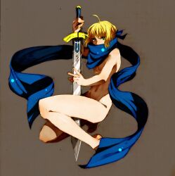  ahoge artoria_pendragon_(fate) barefoot between_legs blonde_hair blue_scarf breasts commentary_request excalibur_(fate/stay_night) fate/zero fate_(series) female full_body green_eyes grey_background hand_up holding holding_sword holding_weapon long_scarf looking_at_viewer naked_scarf nude photoshop_(medium) saber_(fate) scarf shou_(paix) sidelocks small_breasts solo sword thighs unsheathed weapon 