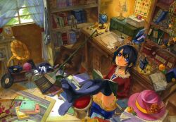  bad_id bad_pixiv_id black_hair black_thighhighs blue_eyes book bookshelf bottle broom brush cup curtains desk feet feline female food from_above fruit fuumi_(radial_engine) globe hat hat_ribbon indoors lamp letter loaded_interior looking_at_viewer marker_(medium) open_book orange_(fruit) original petals phonograph pillow pumpkin record ribbon scroll sitting skirt solo stool thighhighs traditional_media window 