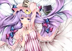  blush book breasts commentary_request crescent dress female hair_ribbon hat large_breasts long_hair looking_at_viewer lying on_back patchouli_knowledge purple_eyes purple_hair ribbon solo striped_clothes striped_dress sugiyuu touhou vertical_stripes 