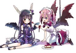  2girls angel_wings bad_id bad_pixiv_id black_hair blush chains cross cuffs dress feeding fork frown handcuffs himekiss jewelry kneeling leash long_hair maid maid_headdress multiple_girls necklace nergal_(himekiss) pink_hair plate purple_eyes shoes simple_background sitting skull_necklace smile thanatos_(himekiss) white_background wings yokozuwari zaza_(x-can01) 