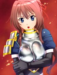  armor blue_eyes boobplate bow breastplate breasts breasts_squeezed_together brown_hair commentary_request elbow_gloves embers female gloves hairbow impossible_armor impossible_clothes japanese_armor large_breasts long_hair looking_at_viewer oda_nobuna_no_yabou open_mouth ponytail red_background shibata_katsuie_(oda_nobuna_no_yabou) shiny shoulder_armor shoulder_pads simple_background sode solo ueyama_michirou 