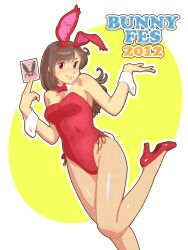  animal_ears bow bowtie brown_hair card commentary_request detached_collar female fishnet_pantyhose fishnets fukusuke_hachi-gou highres long_hair original pantyhose playboy_bunny playing_card rabbit_ears rabbit_tail red_eyes solo tail wrist_cuffs 