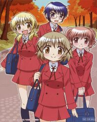  4girls :d absurdres artist_request bag blonde_hair blue_eyes blue_hair blush brown_eyes brown_hair double_bun glasses hair_bun hair_ornament hairclip hidamari_sketch highres hiro_(hidamari_sketch) looking_at_viewer miyako_(hidamari_sketch) multiple_girls official_art open_mouth pink_hair red_eyes sae_(hidamari_sketch) school_uniform short_hair smile yuno_(hidamari_sketch) 