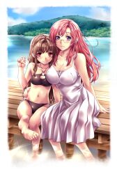  2girls barefoot bikini breasts brown_hair collarbone commentary_request dock dress glasses grin halterneck hand_on_own_hip highres kazami_mizuho large_breasts long_hair looking_at_viewer medium_breasts morino_ichigo multiple_girls nagayori navel onegai_teacher outdoors painttool_sai_(medium) petite purple_eyes red_hair side-tie_bikini_bottom sitting smile soaking_feet swimsuit water 