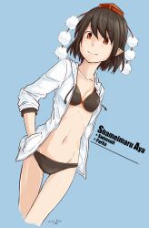  bikini black_bikini black_hair blue_background brown_eyes character_name collarbone commentary_request dated female groin hand_in_pocket hat hood hoodie jacket jacket_over_swimsuit kawashina_(momen_silicon) looking_at_viewer navel pointy_ears pom_pom_(clothes) shameimaru_aya short_hair simple_background sleeves_pushed_up smile solo swimsuit thigh_gap tokin_hat touhou 