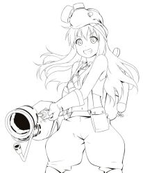  bad_id bare_shoulders cosplay explosive female flamethrower gas_mask gloves grenade grin long_hair mask monochrome navel oxygen_tank pyro_(tf2) pyro_(tf2)_(cosplay) smile solo team_fortress_2 toshinou_kyouko weapon youkan yuru_yuri 