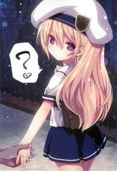  ? artist_name blonde_hair copyright_request female hat highres holding_hands kiira long_hair looking_at_viewer paw_print photoshop_(medium) purple_eyes scan school_uniform skirt solo_focus speech_bubble 