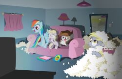  absurd_res amber_eyes blonde_hair blue_body blue_feathers blue_fur bowl brown_hair container curtains cutie_mark derp_eyes derpy_hooves dinky_hooves_(mlp) earth_pony electronics equid equine feathered_wings feathers female feral food friendship_is_magic fur furniture grey_body grey_fur group hair hasbro hi_res horn horse inside lamp male mammal multicolored_hair my_little_pony mythological_creature mythological_equine mythology open_mouth pegasus pipsqueak_(mlp) pony popcorn purple_eyes quadruped rainbow_dash_(mlp) rainbow_hair sitting sofa surprise tail television trotsworth unicorn watching_tv white_body white_fur wings young young_feral 