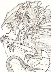  2010 ambiguous_gender claws dragon fangs feral hi_res line_art membrane_(anatomy) membranous_wings monochrome multi_head mythological_creature mythological_scalie mythology open_mouth roaring ruth-tay scalie sharp_teeth solo teeth tongue tongue_out traditional_media_(artwork) wings 