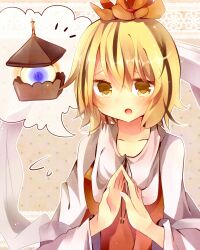  :o artistic_error bishamonten&#039;s_pagoda blonde_hair blush commentary_request female fingers_together flying_sweatdrops hair_ornament lantern open_mouth outline short_hair solo spoken_object tamagogayu1998 toramaru_shou touhou wide_sleeves yellow_eyes 