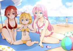  2boys 4girls arm_support barefoot beach bikini blonde_hair blue_eyes breast_envy breasts brown_eyes brown_hair cleavage cloud day frilled_bikini frills front-tie_top hair_ornament hair_ribbon hairclip hatsune_miku hazuki_natsu kagamine_len kagamine_rin kaito_(vocaloid) medium_breasts megurine_luka meiko_(vocaloid) multiple_boys multiple_girls navel open_mouth outdoors pink_hair ribbon short_hair sitting sky small_breasts swimsuit umbrella vocaloid wariza 