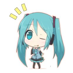  :p aqua_eyes aqua_hair chibi commentary_request detached_sleeves female hatsune_miku headphones ladfa long_hair necktie one_eye_closed simple_background skirt solo thighhighs tongue tongue_out twintails very_long_hair vocaloid white_background 