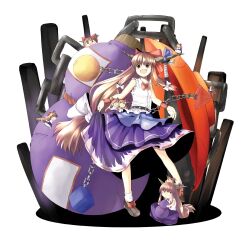  blonde_hair bow chains closed_eyes commentary_request drinking drinking_straw female gourd hairbow highres horns ibuki_suika long_hair mikanbako_(rakkyasato) oerba_yun_fang open_mouth orange_eyes photoshop_(medium) sitting sleeveless solo touhou very_long_hair weapon wristband 