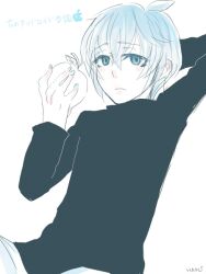  1boy adam_cupertino ahoge apple apple-kun apple_inc. black_shirt food fruit hana_no_android_gakuen male male_focus shirt silver_hair solo turtleneck white_pants 