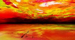  commentary_request female highres kazaana nightmare orange_theme original photoshop_(medium) planet red_theme ruins scenery solo surreal water 