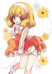  :d blonde_hair blush casual commentary_request daffodil daisy female floral_background flower hairband looking_at_viewer open_mouth orange_eyes orange_skirt precure short_hair skirt skirt_tug smile smile_precure socks solo white_hairband yayoi_kise yellow_eyes yukiwo 