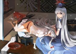  2girls armor barefoot blue_eyes chinese_commentary choko_(cup) commentary_request cup food fujiwara_no_mokou hand_on_another&#039;s_head hat kamishirasawa_keine lap_pillow long_hair long_sleeves looking_at_viewer lying multiple_girls navel no_pants on_side open_mouth panties pants plate puffy_sleeves red_eyes red_panties saberiii sakazuki scroll short_sleeves sitting table tatami tokkuri touhou underwear veranda very_long_hair white_hair 