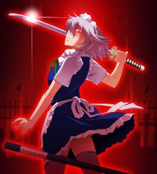  apron aura bad_id bad_pixiv_id commentary_request female glint glowing glowing_eye grey_hair hayashi_custom izayoi_sakuya katana light_trail looking_back maid maid_headdress parted_lips red_eyes scabbard sheath short_sleeves solo sword thighhighs touhou waist_apron weapon 