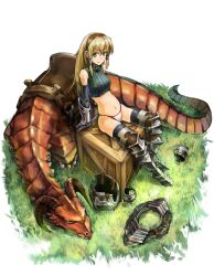  armor blonde_hair commentary_request dragon female grass green_eyes hairband kurio long_hair original ribbed_sweater sitting solo sweater 