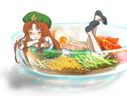  blush bowl braid chabi_(amedama) closed_eyes commentary_request crossed_arms egg female food hat hiyashi_chuuka hong_meiling in_bowl in_container in_food long_hair mini_person minigirl noodles orange_hair pun short_sleeves smile solo star_(symbol) touhou twin_braids 