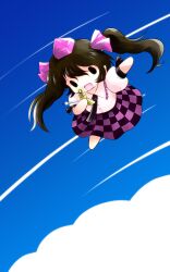  black_hair cellphone cloud commentary_request female flying hat highres himekaidou_hatate long_hair necktie open_mouth outstretched_arms phone photoshop_(medium) puffy_sleeves short_sleeves sky solo tokin_hat touhou twintails yume_shokunin 